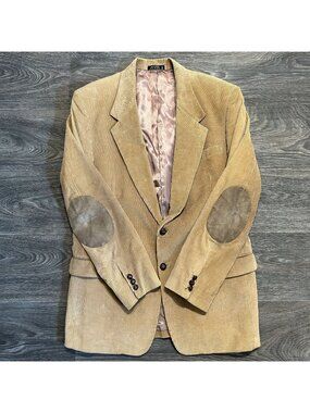 Jeremy Cobb 44L Hand Tailored Tan Corduroy Blazer Suede Elbow Patch Preppy VTG